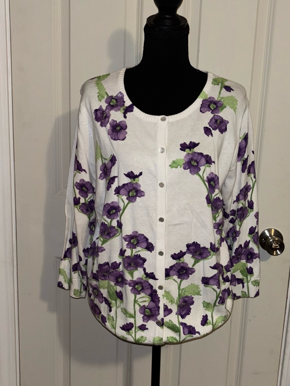 100% Cotton Laura Scott White Cardigan with Purple Floral Print